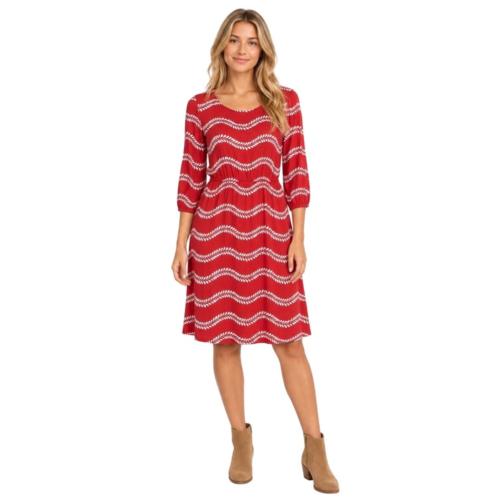 Boden Red White Leaf Wave Print Jersey Midi Dress US 14L Long 3/4 Sleeve Scoop